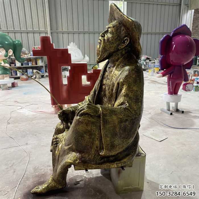 仿銅姜太公雕塑 創意釣魚雕塑 別墅區民俗雕塑